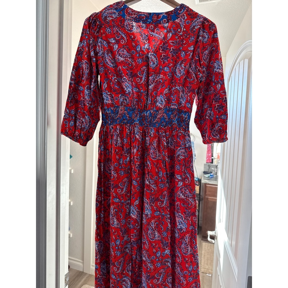 Japna Womens Red Blue Paisley Floral Rayon Maxi Dress V-Neck Smocked Waist L - Picture 10 of 11